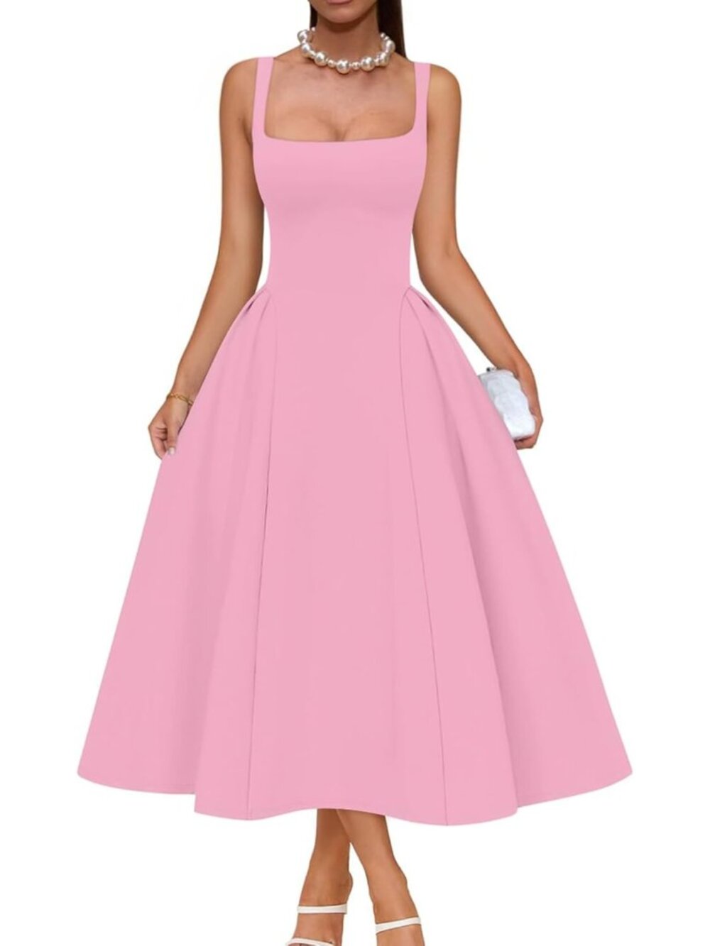 Women's Pink Elegant Square Neck Sleeveless Swing A Line Solid Midi Dress
